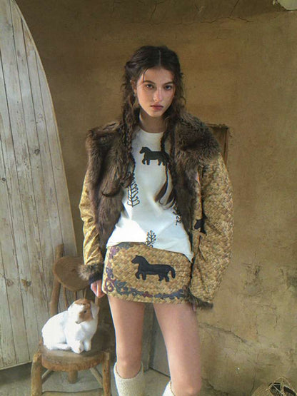 Striped Patchwork Pony Print T-Shirt【s0000014899】