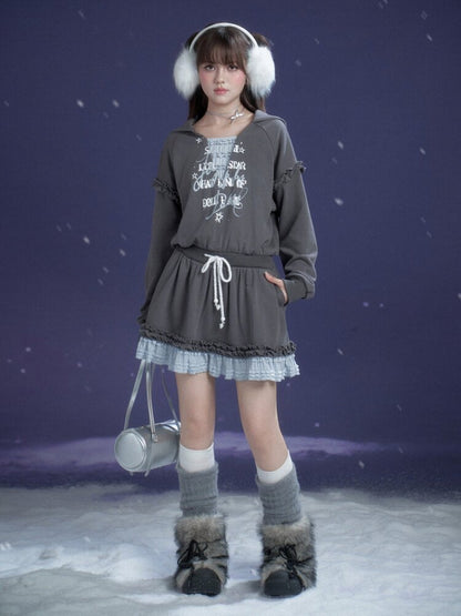 Gray Blue Print Lace Hoodie Dress【s0000015471】