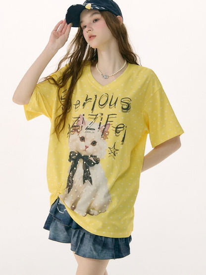 Loose Polka Dot Cat Print T-Shirt【s0000016857】