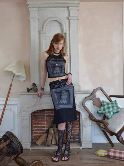Vintage Dog Print Vest Midi Skirt【s0000016905】