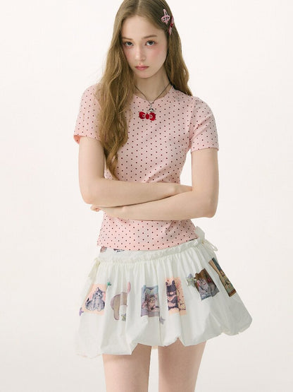 Polka Dot Bow Slim Short Sleeve T-Shirt【s0000016854】