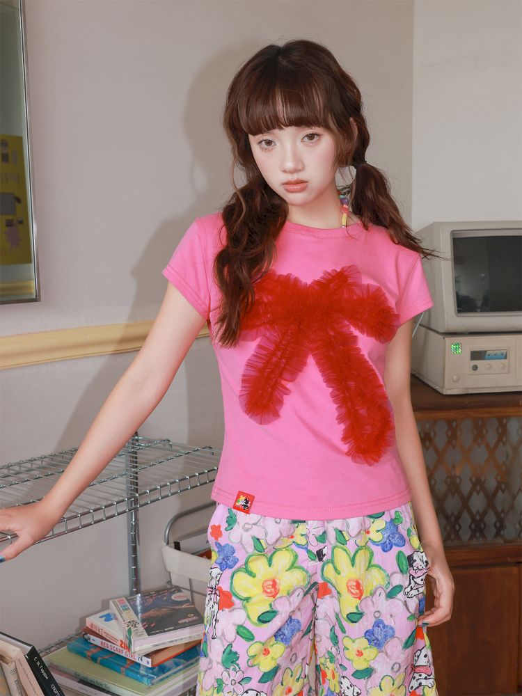 Two-tone mesh bow T-shirt【s0000012828】