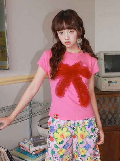 Two-tone mesh bow T-shirt【s0000012828】