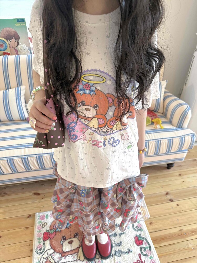 Bear Heart Print Star Loose T-Shirt【s0000017510】