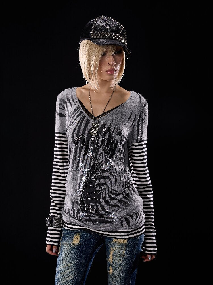 Printed Embroidered V-Neck Lace Shirt【s0000018513】