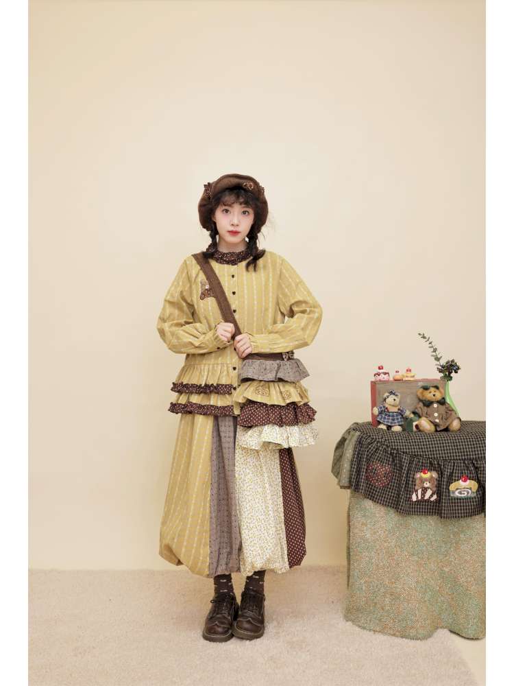 Vintage Girly Lace Bear Turmeric Shirt【s0000014839】