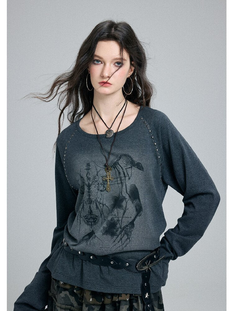Washed Printed Rivet Knitted Top【s0000016261】