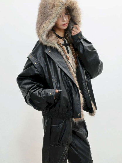 Fur Patchwork Flight Leather Jacket【s0000014838】