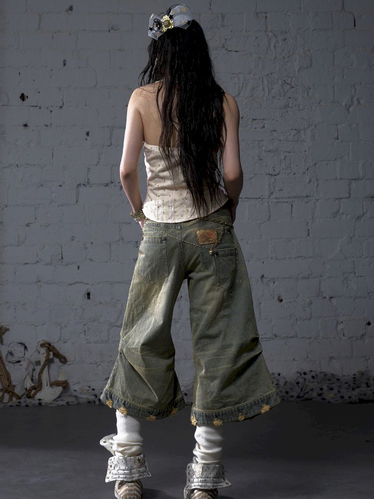 Wide-leg denim cropped pants【s0000012800】