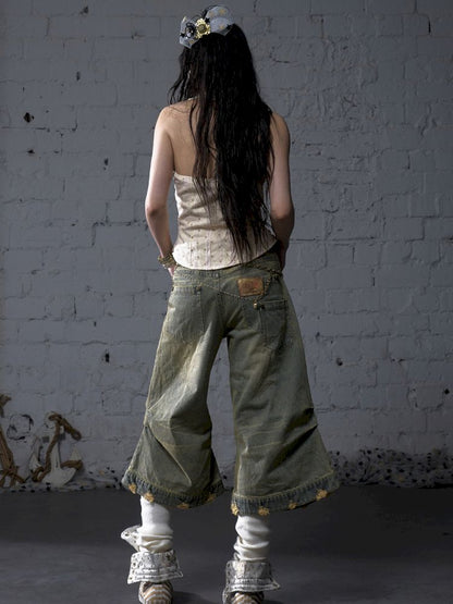 Wide-leg denim cropped pants【s0000012800】