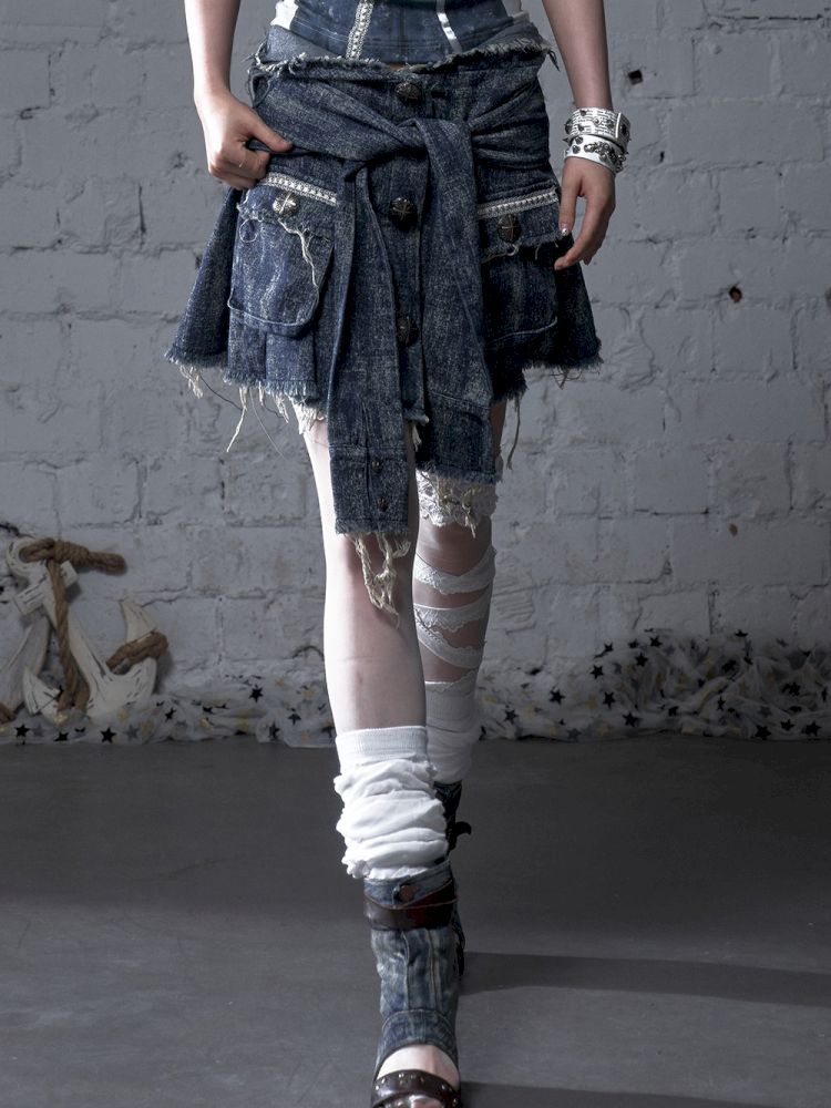 Hooded washed denim shirt dress skirt【s0000012784】