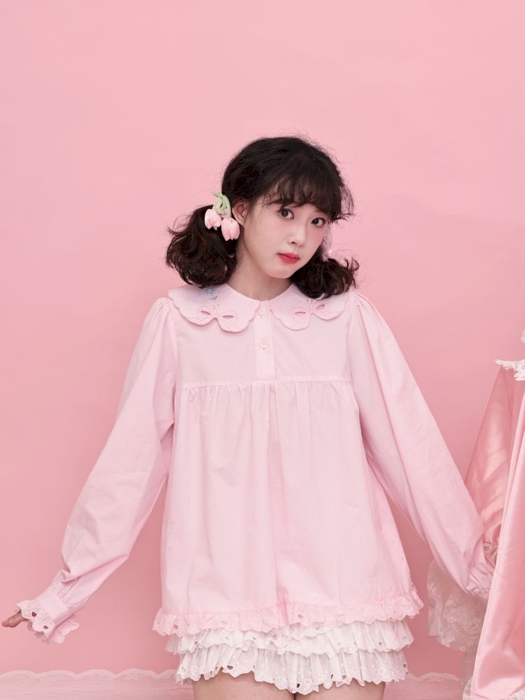 Doll Collar Zipper Neck Pink Lace Blouse【s0000013492】