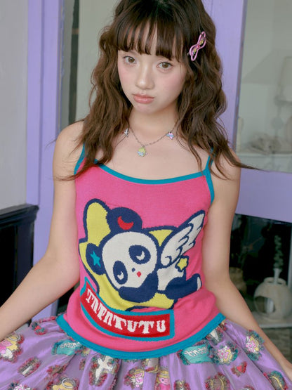 Panda angel pattern knitted halter top【s0000012755】