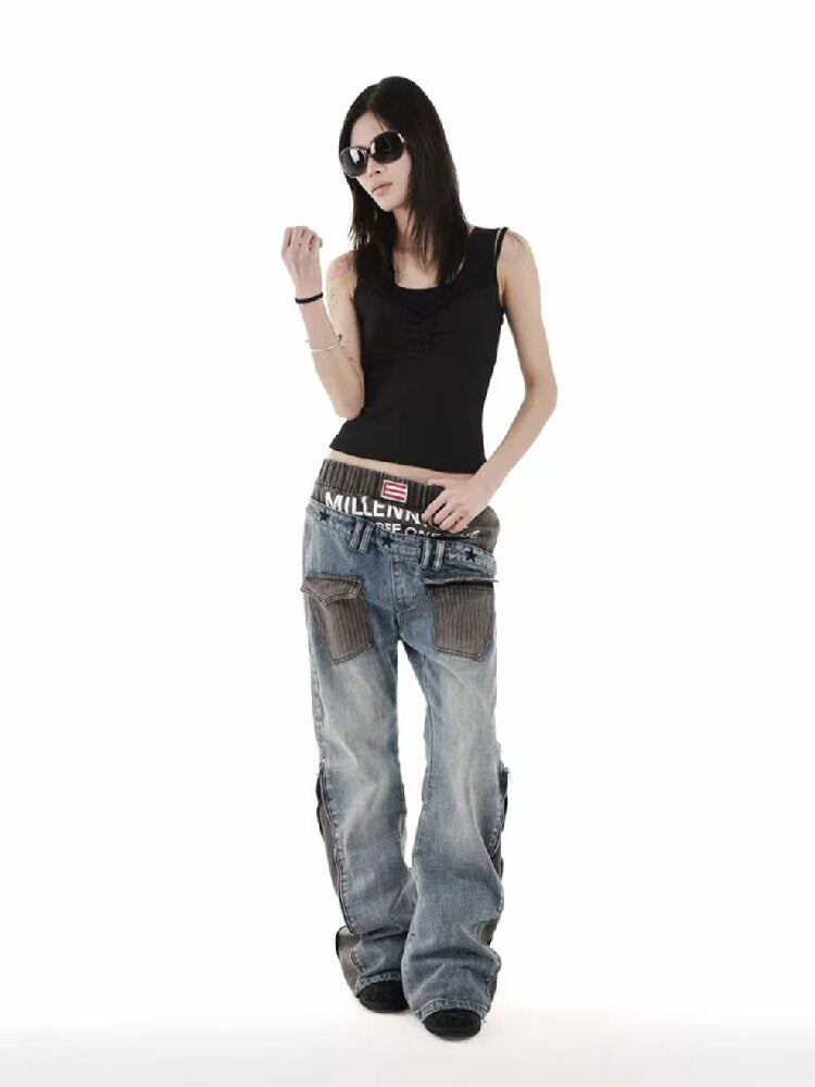 Double Waist Embroidered Baggy Jeans【s0000018246】