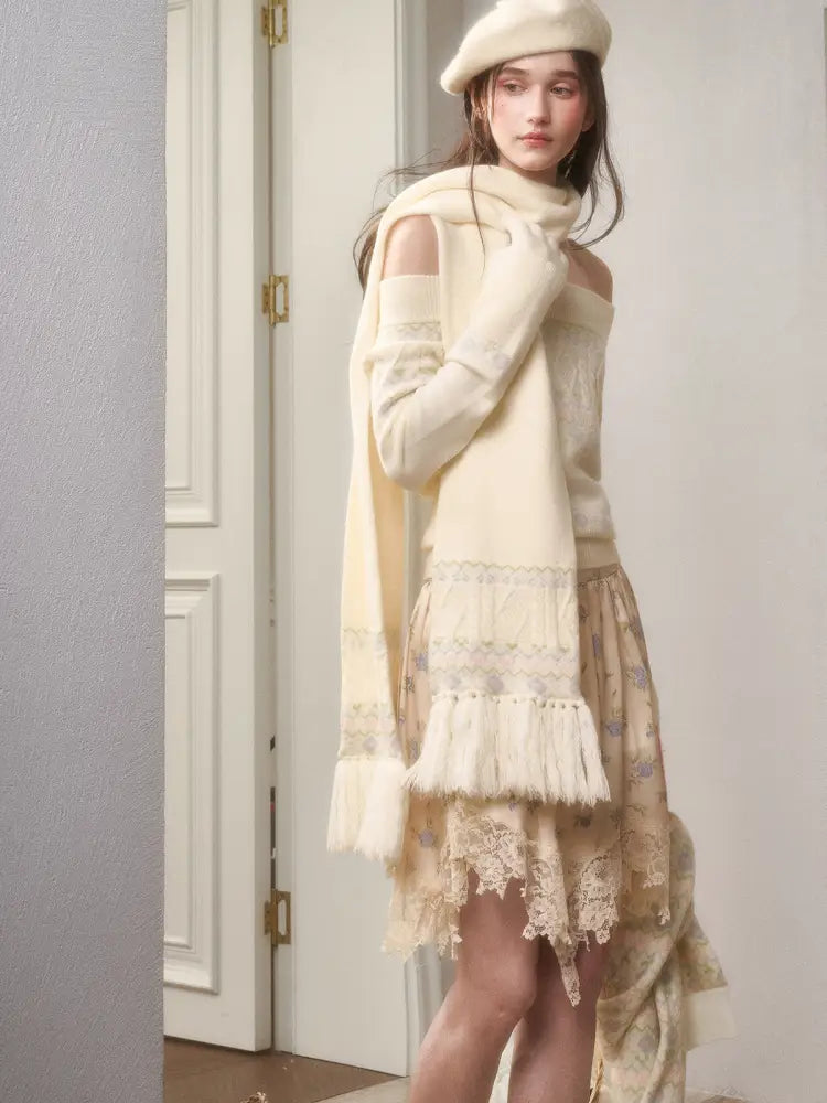Fresh and Soft Cotton Sweater, Scarf, Floral Skirt【s0000014323】