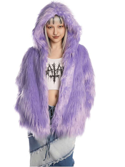 White Light Purple Fur Hooded Jacket【s0000014909】