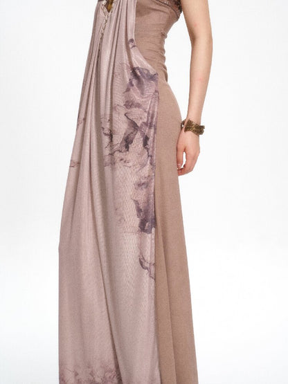 Knit Patchwork Mesh Printed Dress【s0000017652】