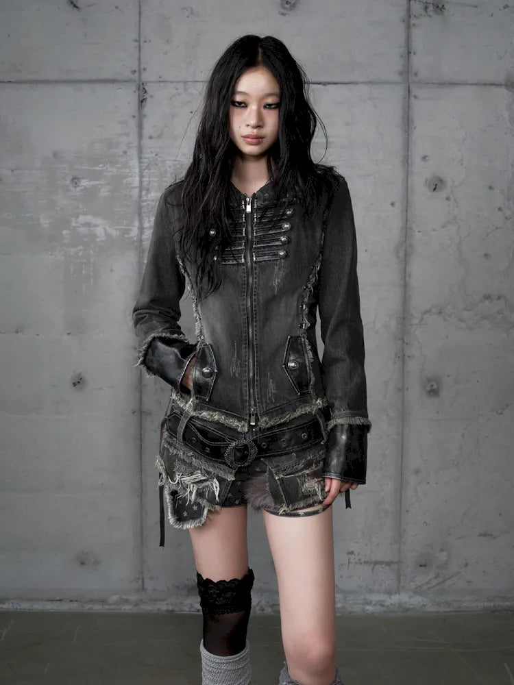 Denim Detachable Slim-Fit Hooded Jacket【s0000013951】