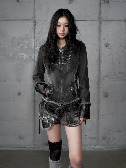 Denim Detachable Slim-Fit Hooded Jacket【s0000013951】