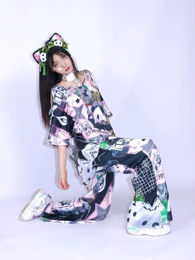 Panda Patchwork Print Off-Shoulder T-Shirt【s0000013979】