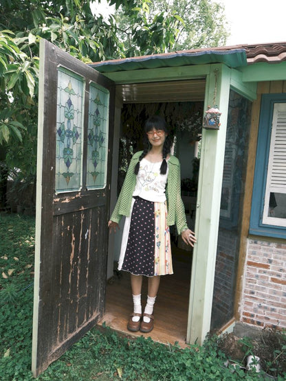 Patchwork lace print polka dot pleated skirt【s0000012769】