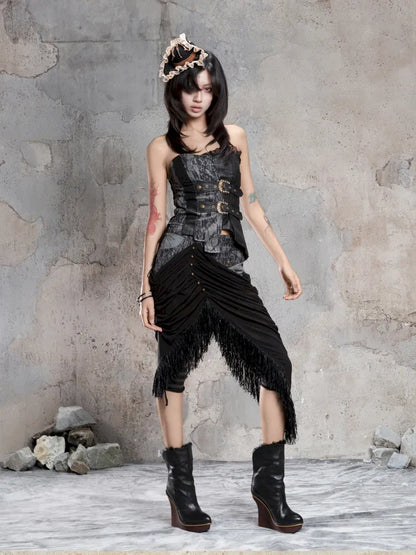 Asymmetric Knit Patchwork Drawstring Skirt【s0000014125】