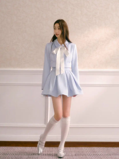 Tie-Front Short Jacket with High-Waisted Structured Pleated Puffy Skirt【s0000014341】