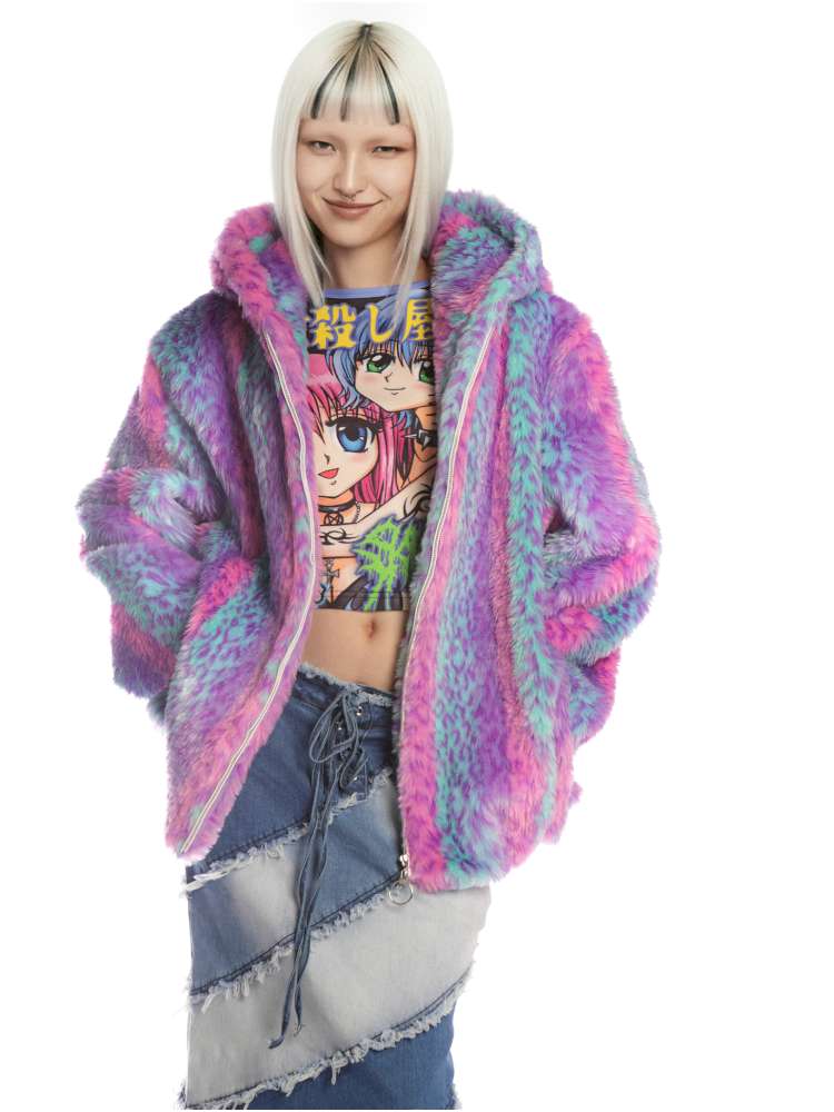 Colorful Leopard Print Plush Fur Hooded Jacket【s0000014908】