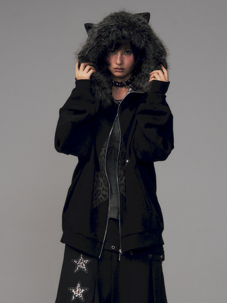 Cat Ears Leopard Print Fleece Hooded Jacket【s0000014708】