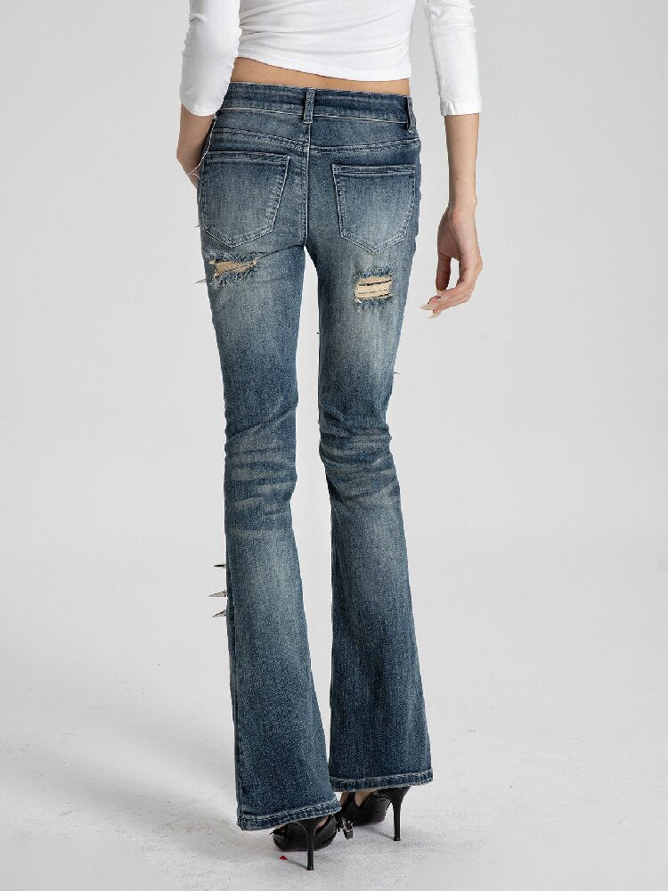 Spiked Snake Print Ripped Jeans【s0000018560】