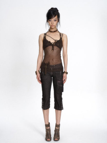 Dark Brown Sequin Mesh Halter Tank【s0000017649】