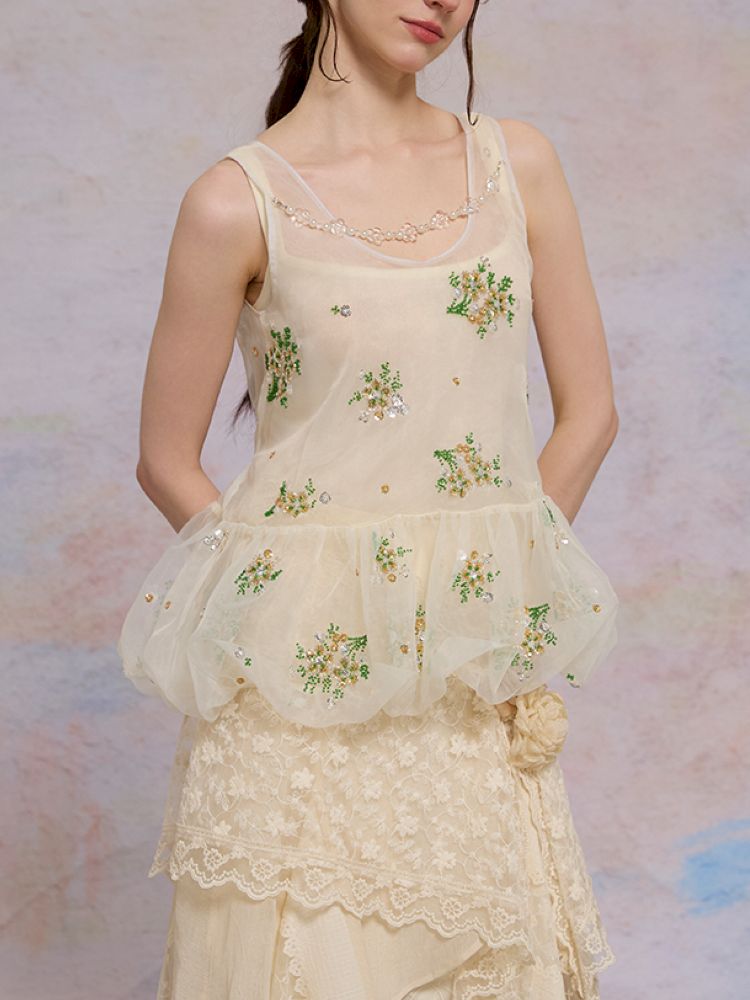 Retro embroidery mesh cloud undershirt【s0000013596】