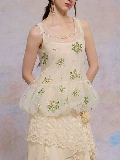Retro embroidery mesh cloud undershirt【s0000013596】