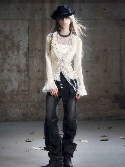 Patchwork Distressed Low-Rise Jeans【s0000013966】