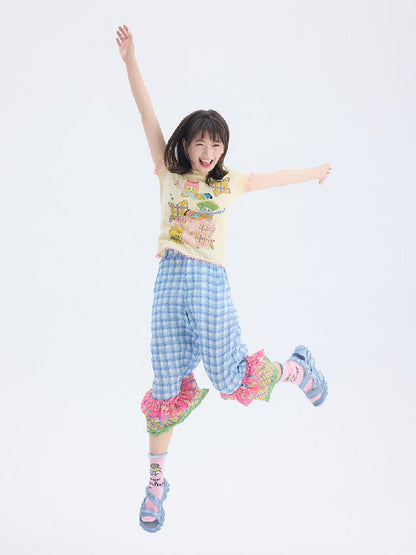 Plaid Patchwork Lace Cropped Pants【s0000017697】