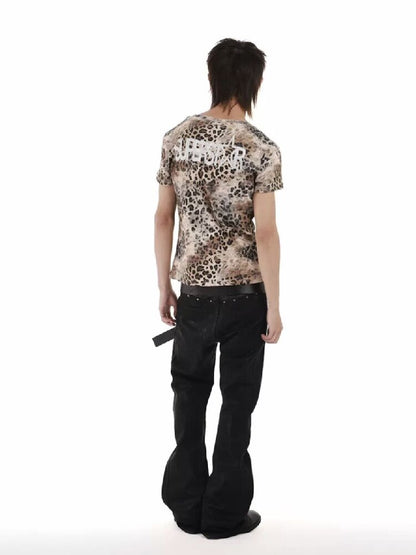 Leopard Slogan Printed V-Neck Tee【s0000018252】