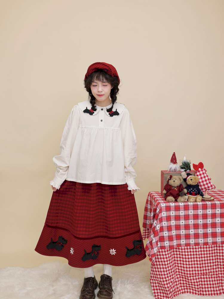 Puppy Bow Embroidery Lace Shirt【s0000015099】