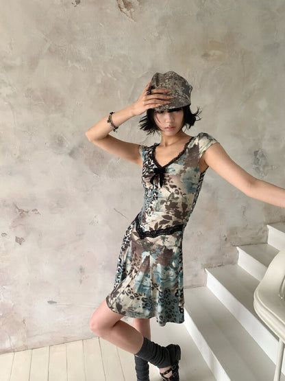 Vintage Leopard Floral Lace Dress【s0000018098】