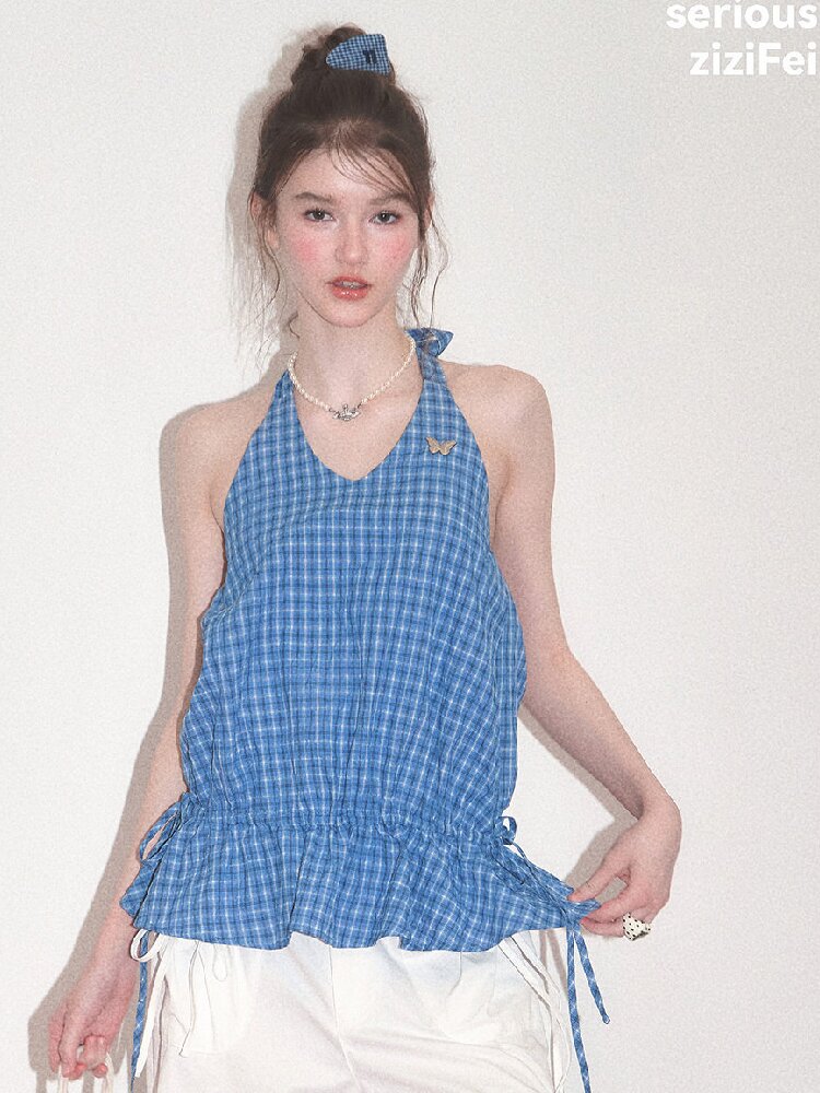 American Vintage Plaid Halter Top【s0000017751】