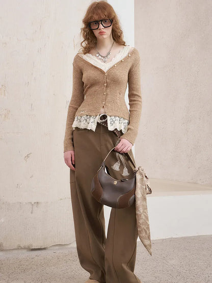 Slim-Fit V-Neck Off-Shoulder Knit Cardigan【s0000014061】