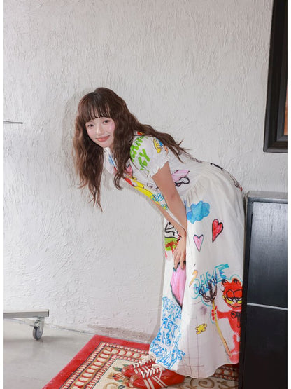 White Graffiti Printed Dress【s0000013336】