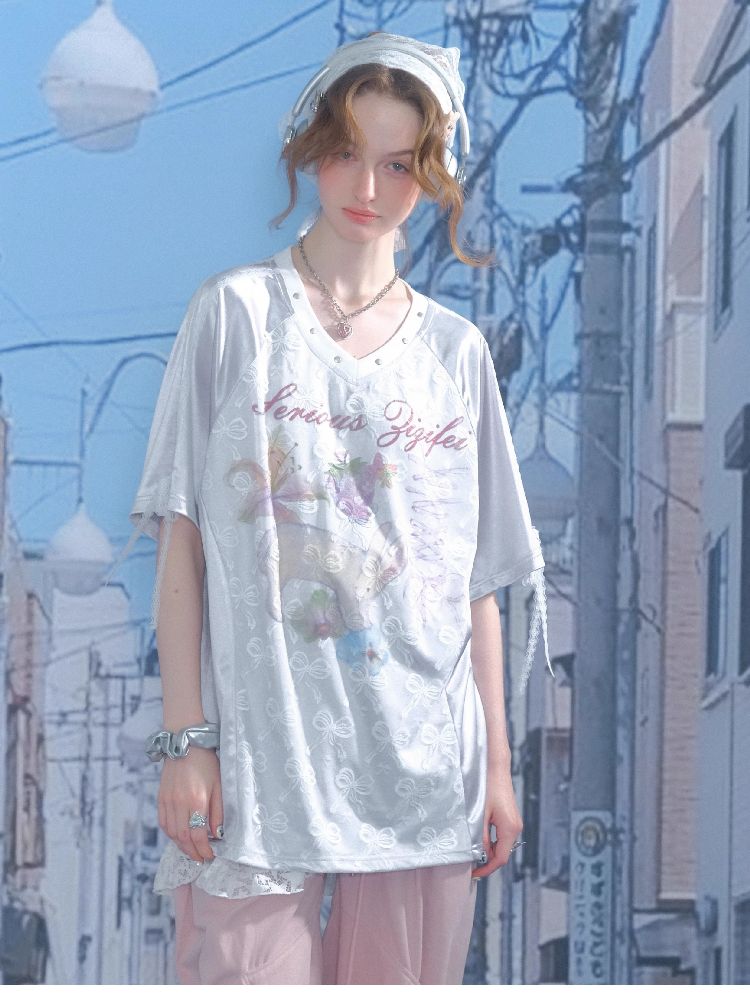 Lace Bow Gray Short Sleeve T-Shirt【s0000012245】