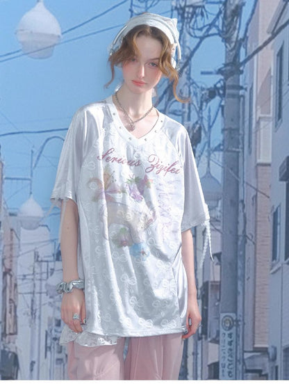 Lace Bow Gray Short Sleeve T-Shirt【s0000012245】