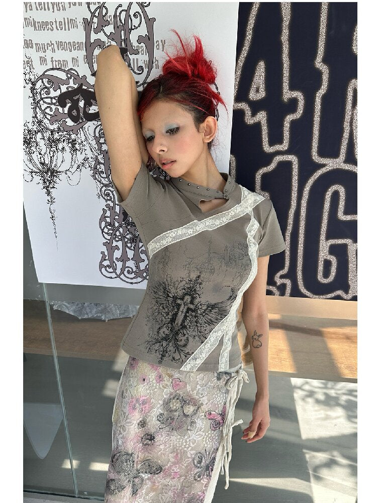 Cross Wing Print Cotton Cheongsam T-Shirt【s0000018064】