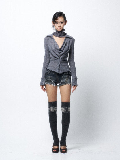 Deep V Swing Neck Knit Slim T-Shirt【s0000016064】