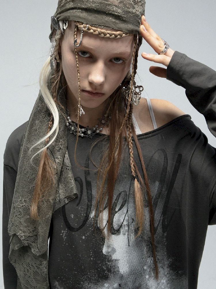 Slant Shoulder Round Neck Printed T-Shirt【s0000011842】