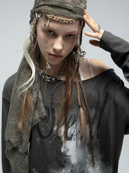 Slant Shoulder Round Neck Printed T-Shirt【s0000011842】