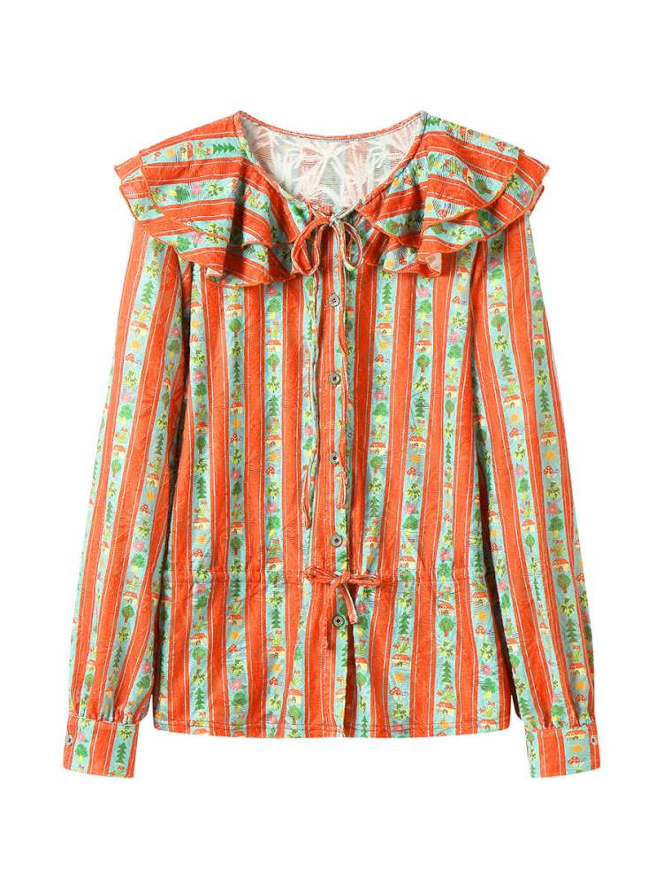 Red Green Stripe Lace Collar Shirt【s0000015368】