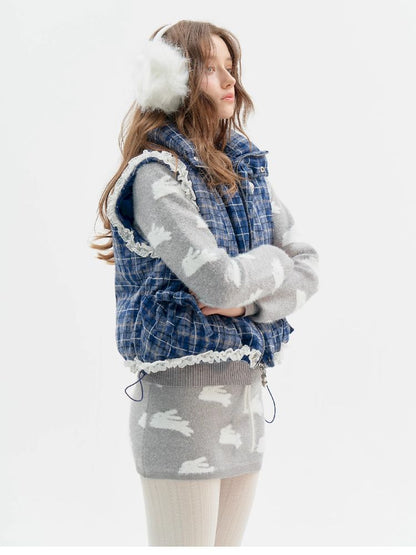 Checkered Splicing Lace Cotton Vest【s0000011504】