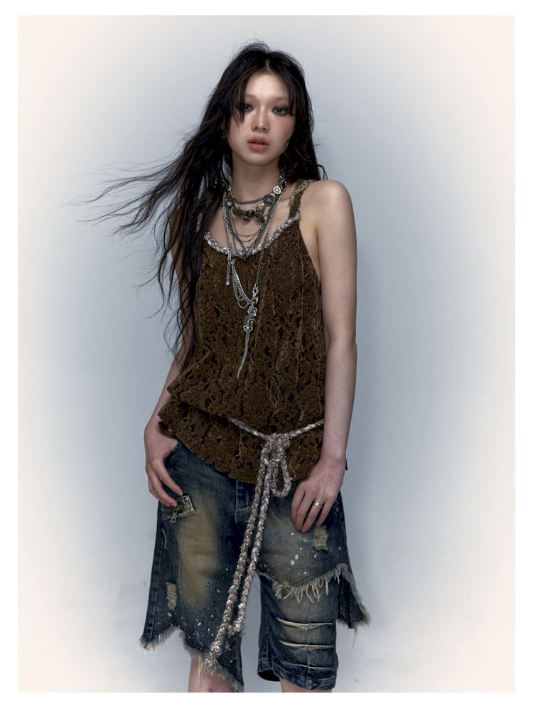 Slouchy Old Hollowed Out Loose Flocked Lace Vest [s0000008134]